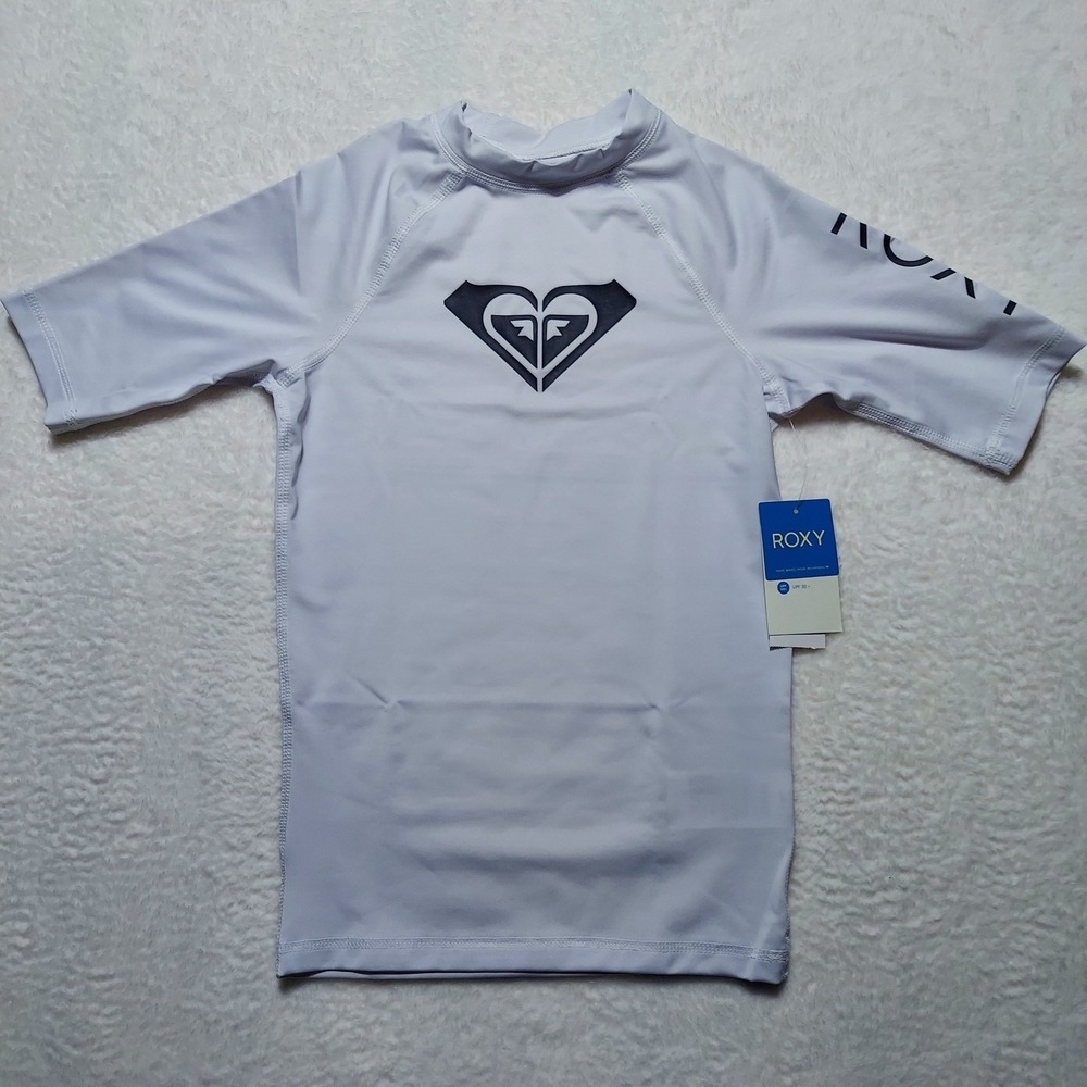 Roxy Rash Guard Kids 12 L White New Wholehearted Short Sleeve UPF 50+ ERGWR03283